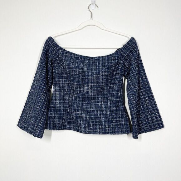 NWT Zara Tweed‎ Blue White Off Shoulder Flared Sleeve Structured Top Sz S Preppy - Picture 1 of 10